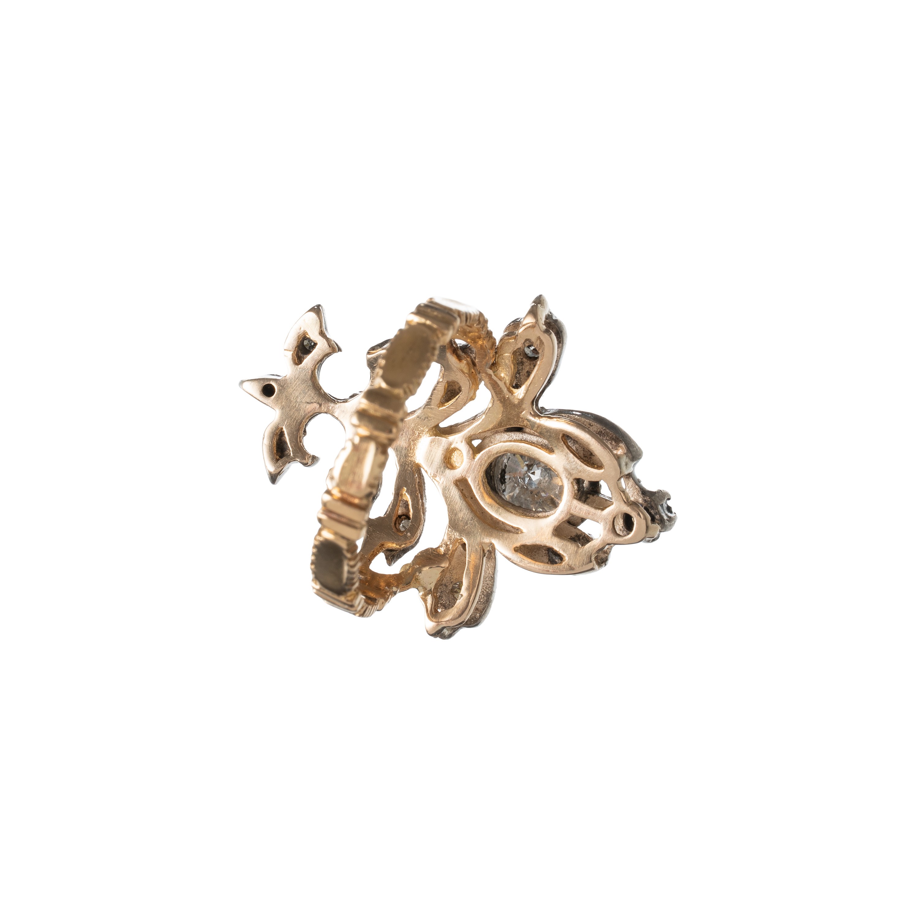 Spangaro, Spilla e anello in oro giallo 18 kt con contorno di diamanti e brillante