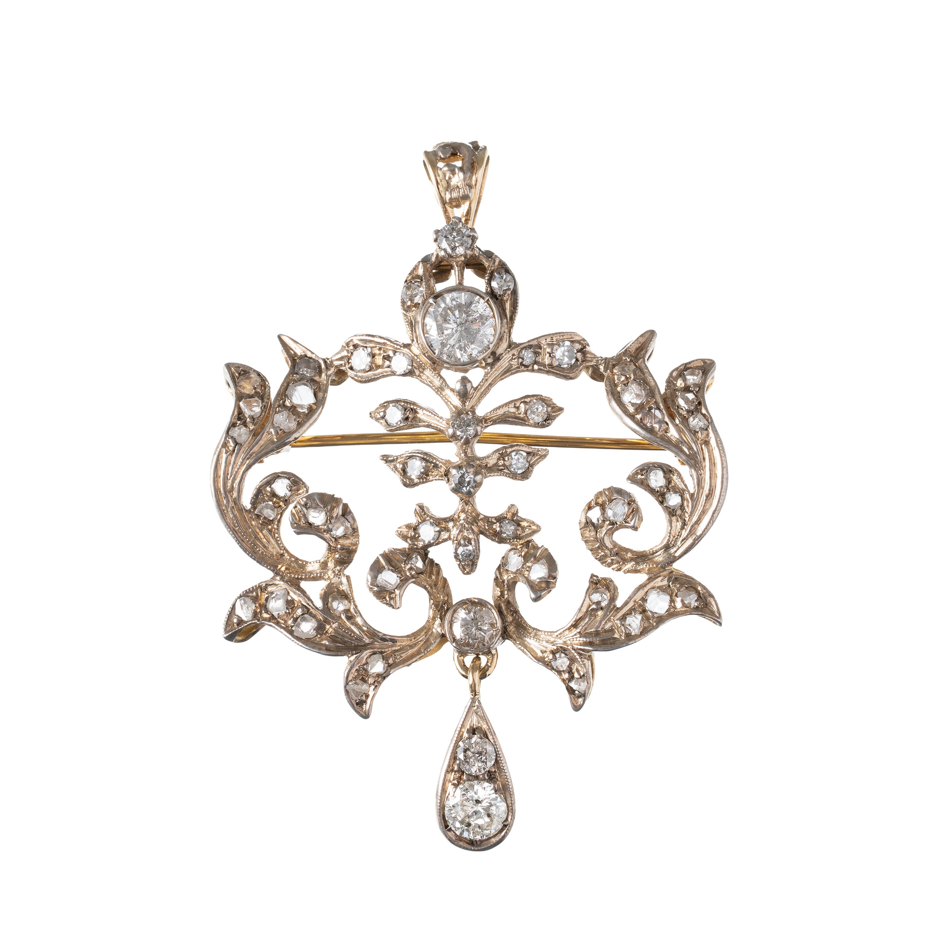 Spangaro, Spilla e anello in oro giallo 18 kt con contorno di diamanti e brillante
