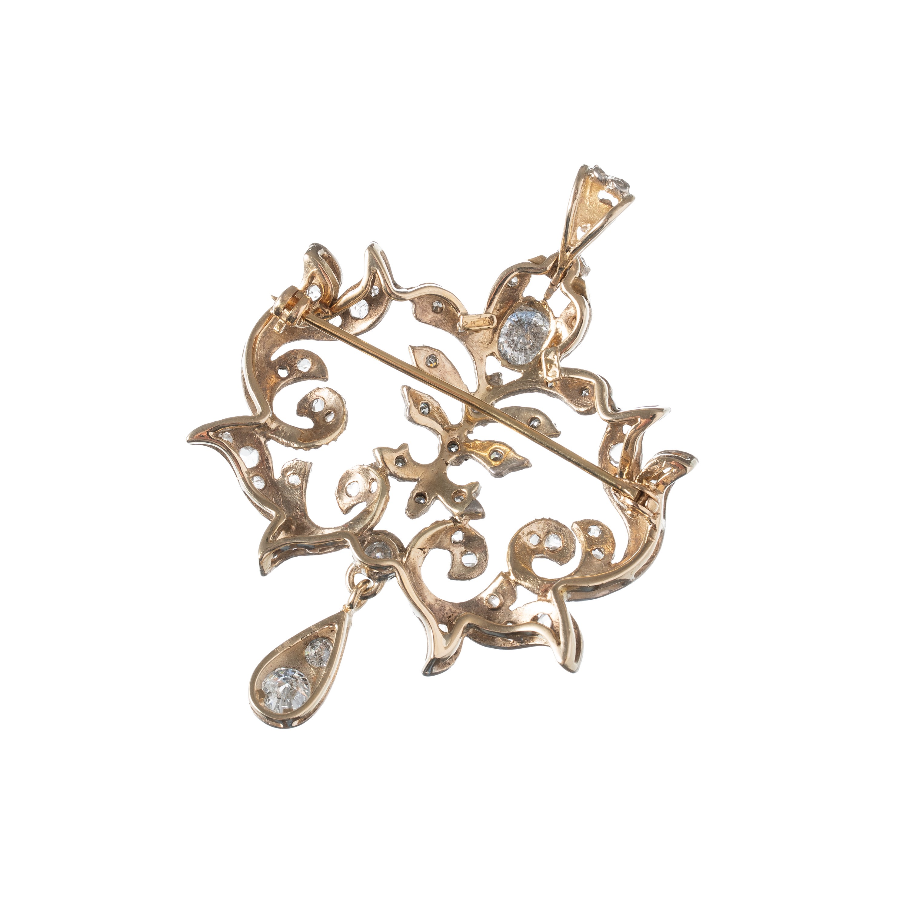 Spangaro, Spilla e anello in oro giallo 18 kt con contorno di diamanti e brillante