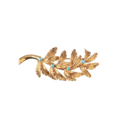 Spangaro, Spilla in oro giallo 18 kt a foglia con turchese