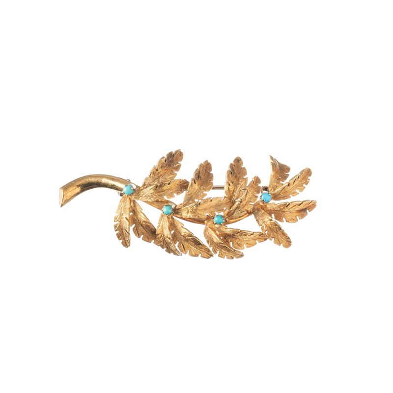 Spangaro, Spilla in oro giallo 18 kt a foglia con turchese