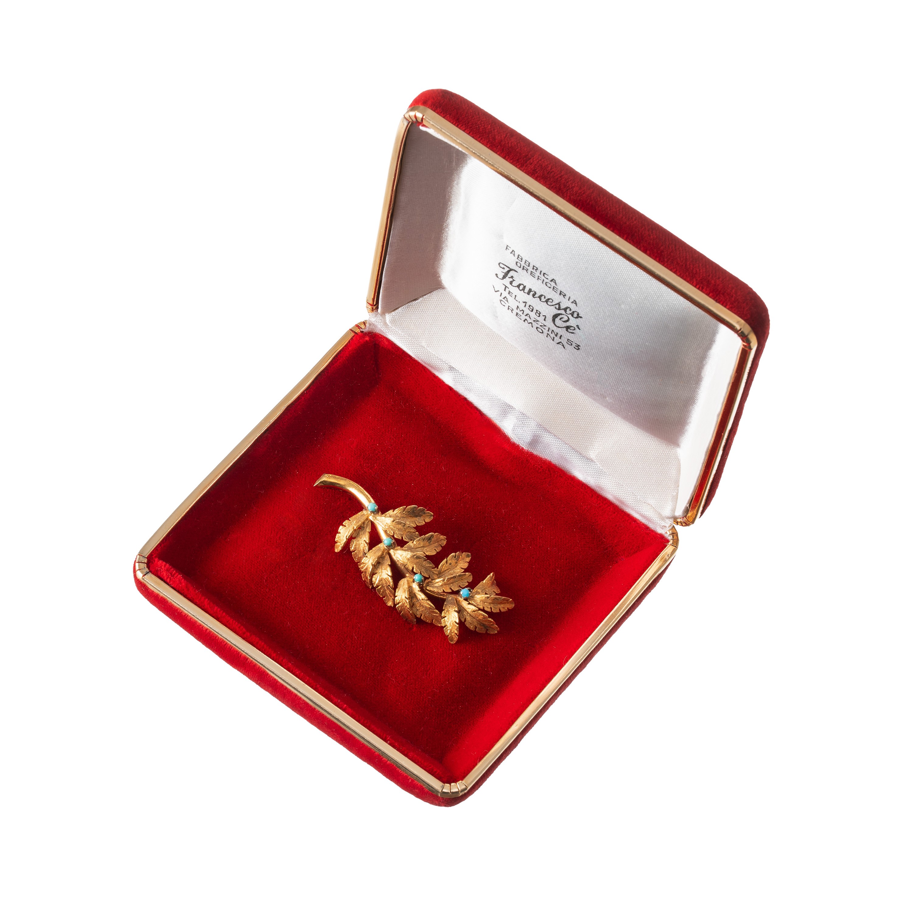 Spangaro, Spilla in oro giallo 18 kt a foglia con turchese