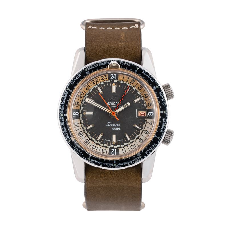 Enicar - Sherpa 600 Guide GMT — orologio automatico in acciaio con quadrante nero