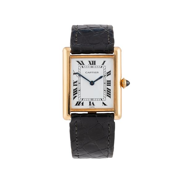 CARTIER - CARTIER - TANK OROLOGIO SOLO TEMPO A CARICA MANUALE IN ORO GIALLO 18 KT, QUADRANTE BIANCO CON INDICI ROMANI E DEPLOYANTE IN ORO GIALLO 18KT