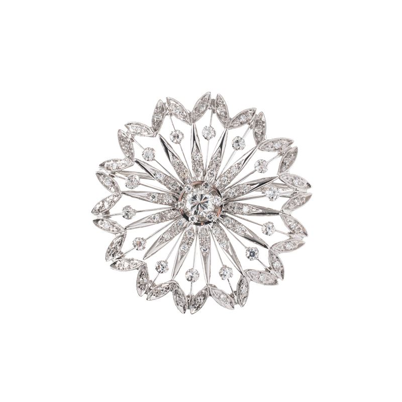 Spilla in oro bianco 18 kt con brillanti, diametro 3,5 cm