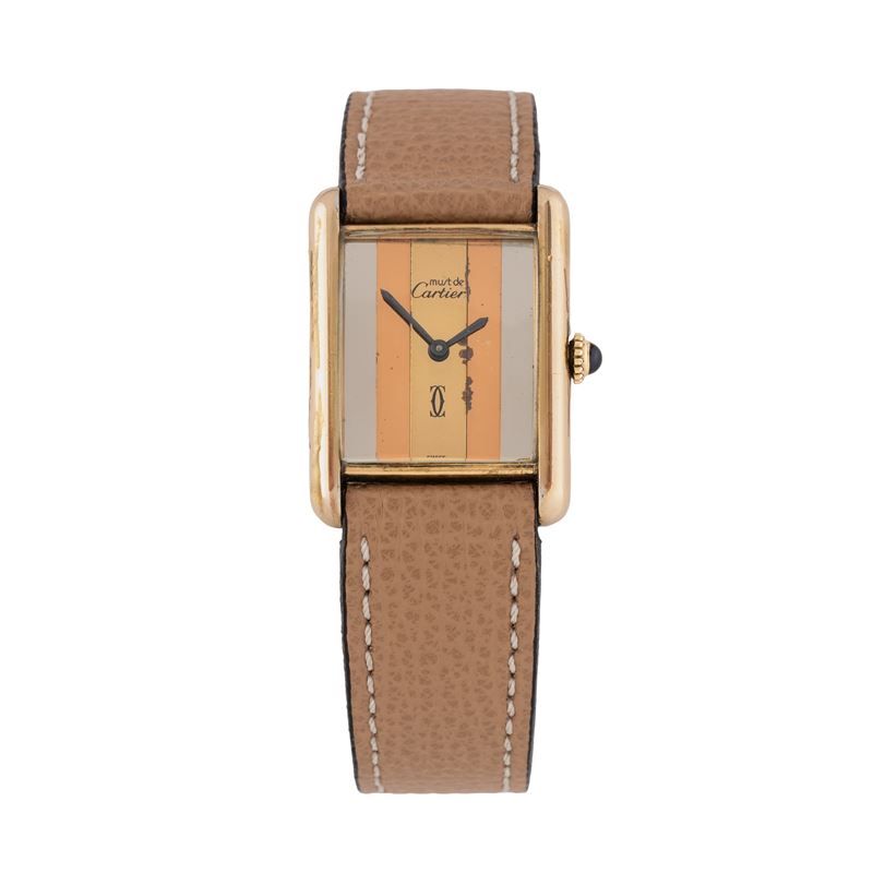 Must de Cartier Tank Tridor, orologio solo tempo a carica manuale in argento placcato oro