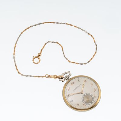 Orologio da tasca in oro giallo e bianco 18 kt con quadrante argenté e indici Breguet