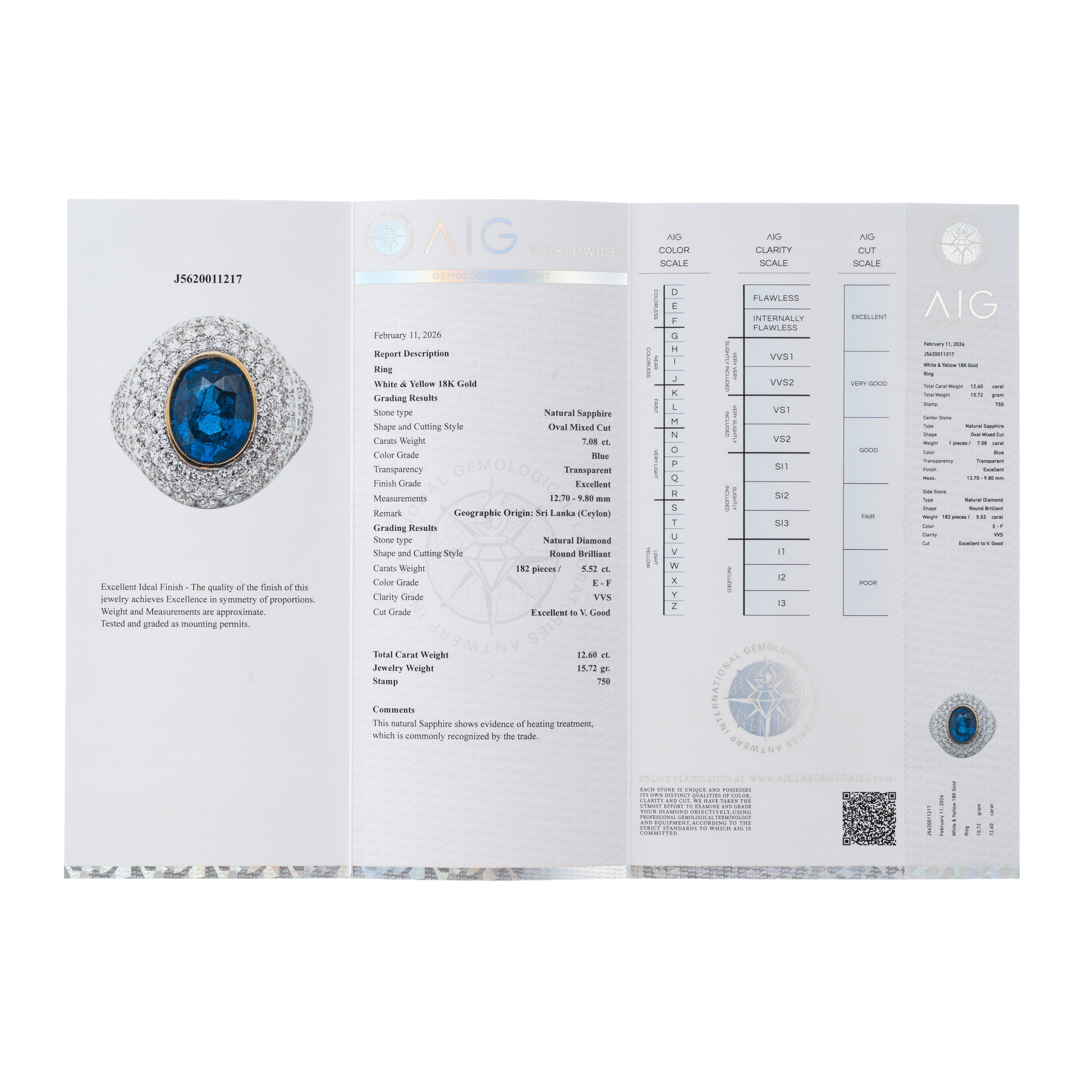 Anello in oro bianco 18 kt, pavé di diamanti e zaffiro centrale (ct diamanti 5,52; ct zaffiro 7,0...