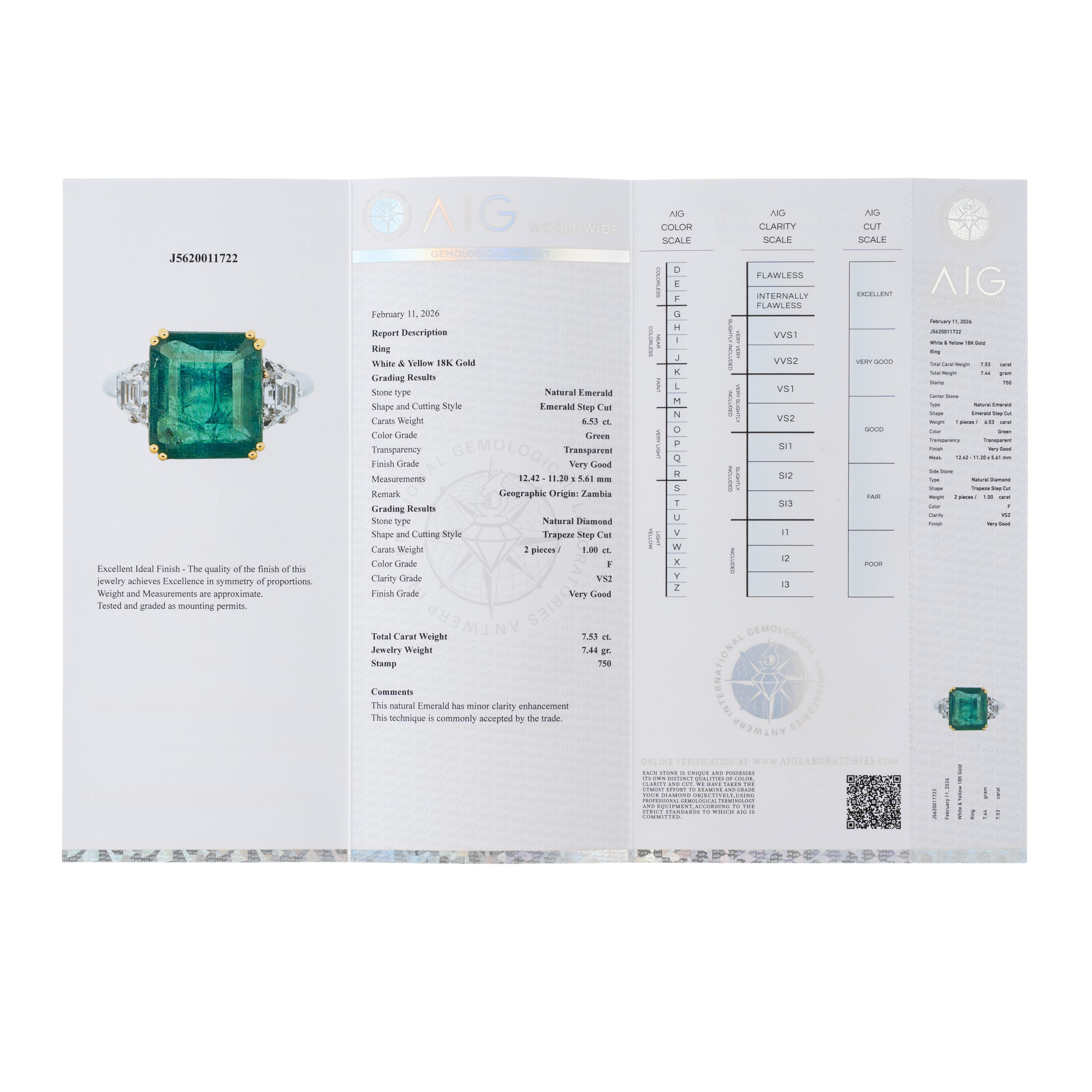 Anello in oro bianco e giallo 18 kt con diamanti (ct 1,00) e smeraldo (ct 6,53)