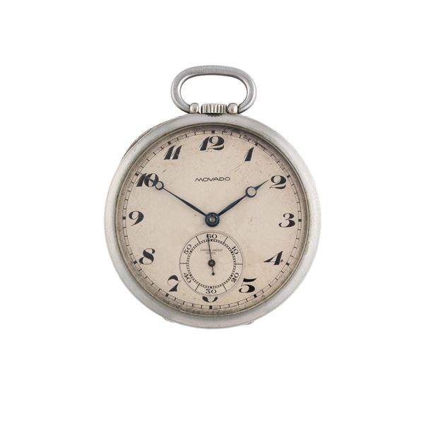 MOVADO - MOVADO OROLOGIO DA TASCA A CARICA MANUALE IN ACCIAIO CON CASSA A MONETA, QUADRANTE BIANCO CON INDICI E SFERE BREGUET CON FIRMA DEL RIVENDITORE JANESICH