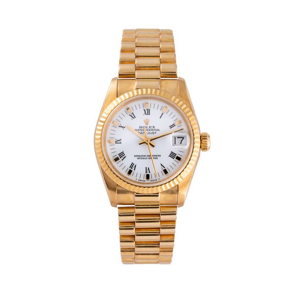 ROLEX - ROLEX - DATEJUST OROLOGIO A CARICA AUTOMATICA IN ORO GIALLO 18KT CON BRACCIALE PRESIDENT IN ORO GIALLO 18KT E QUADRANTE BIANCO CON DATARIO AD ORE TRE.