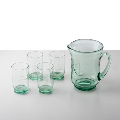 Set di quattro bicchieri e brocca in vetro con incisioni (S.A.L.I.R.), anni ’30