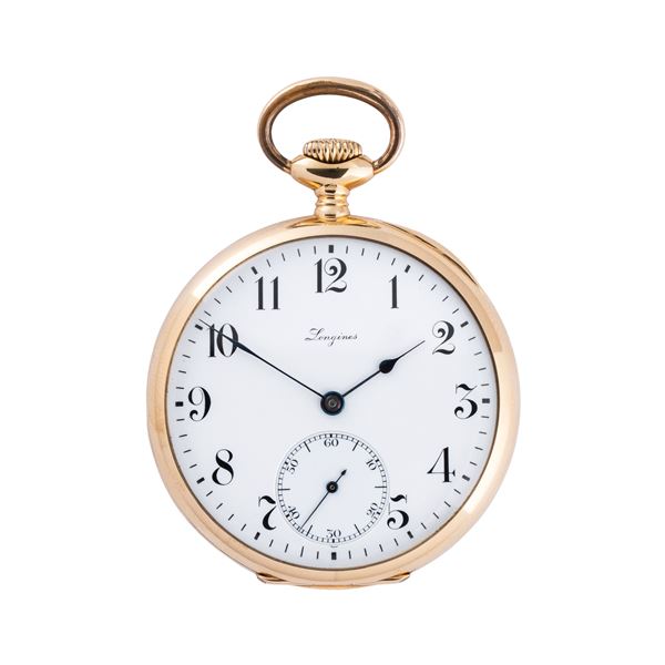 LONGINES - LONGINES OROLOGIO DA TASCA A CARICA MANUALE IN ORO GIALLO 18KT CON QUADRANTE IN PORCELLANA, PICCOLI SECONDI AD ORE SEI E INDICI ARABI NERI.