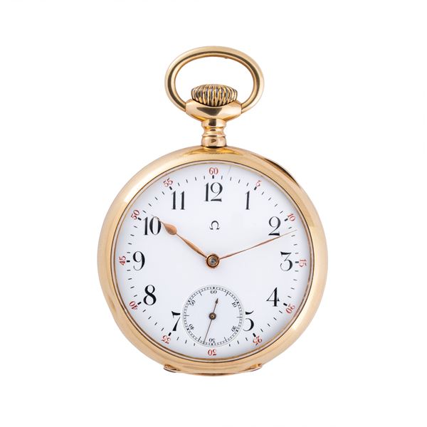 OMEGA - OMEGA OROLOGIO DA TASCA IN ORO GIALLO 18KT CON QUADRANTE IN PORCELLANA CON PICCOLI SECONDI AD ORE SEI E MINUTERIA ROSSA PER IL MERCATO FRANCESE
