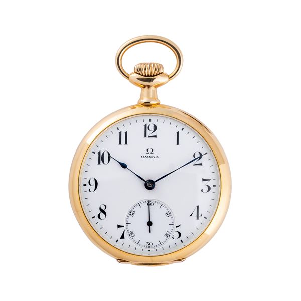 OMEGA - OMEGA OROLOGIO DA TASCA A CARICA MANUALE IN ORO GIALLO 18KT CON QUADRANTE IN PORCELLANA, PICCOLI SECONDI AD ORE SEI E INDICI ARABI NERI