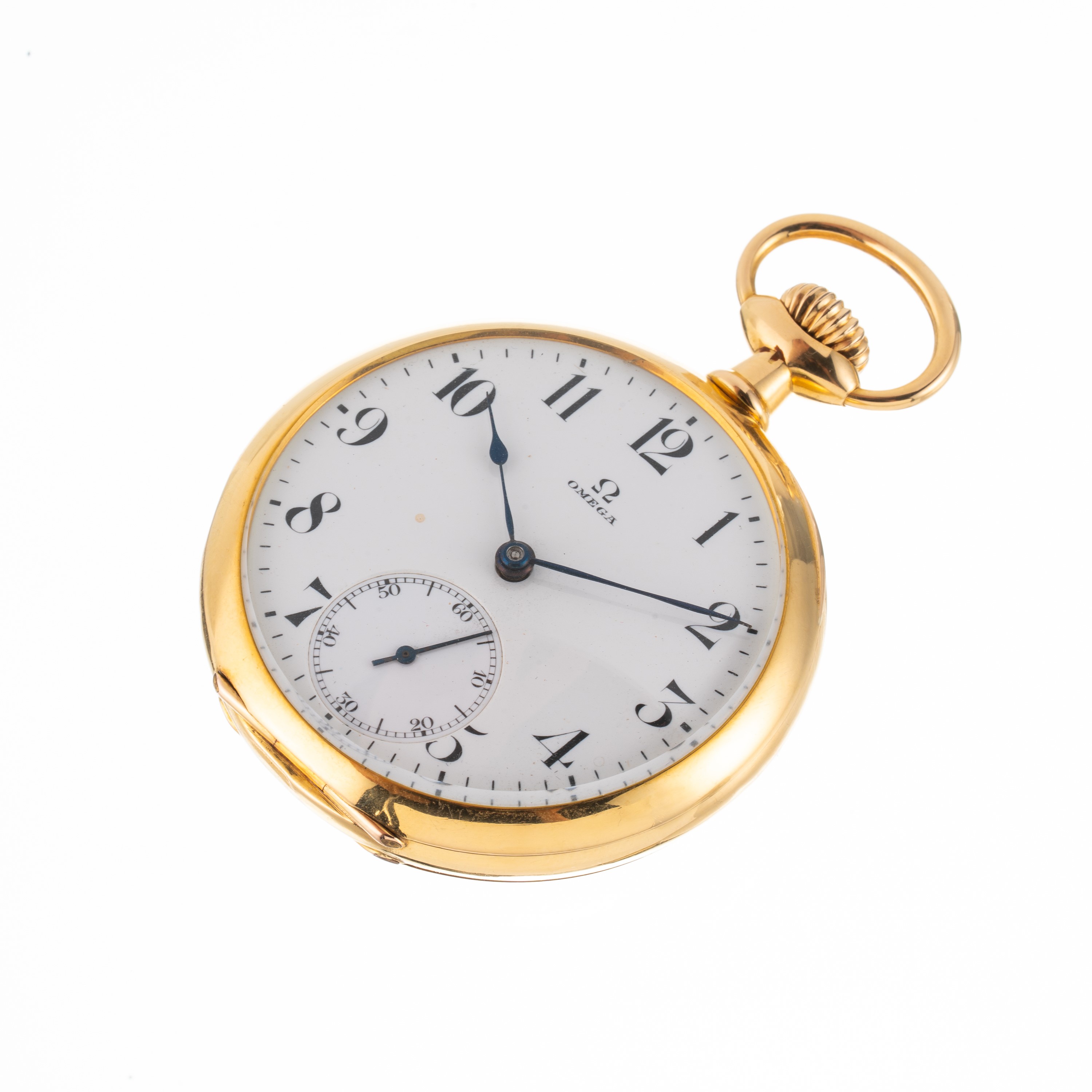 Omega - Orologio da tasca in oro giallo 18 kt con quadrante in porcellana e piccoli secondi