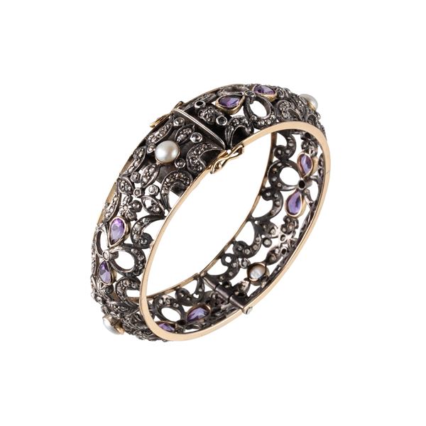 BRACIALE RIGIDO IN ORO 18KT E ARGENTO CON PERLE E AMETISTE