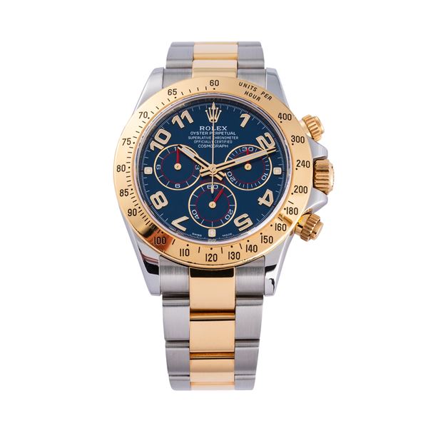 ROLEX - ROLEX - DAYTONA  CRONOGRAFO A CARICA AUTOMATICA IN ACCIAIO E ORO GIALLO 18KT CON QUADRANTE BLU E INDICI ARABI DORATI