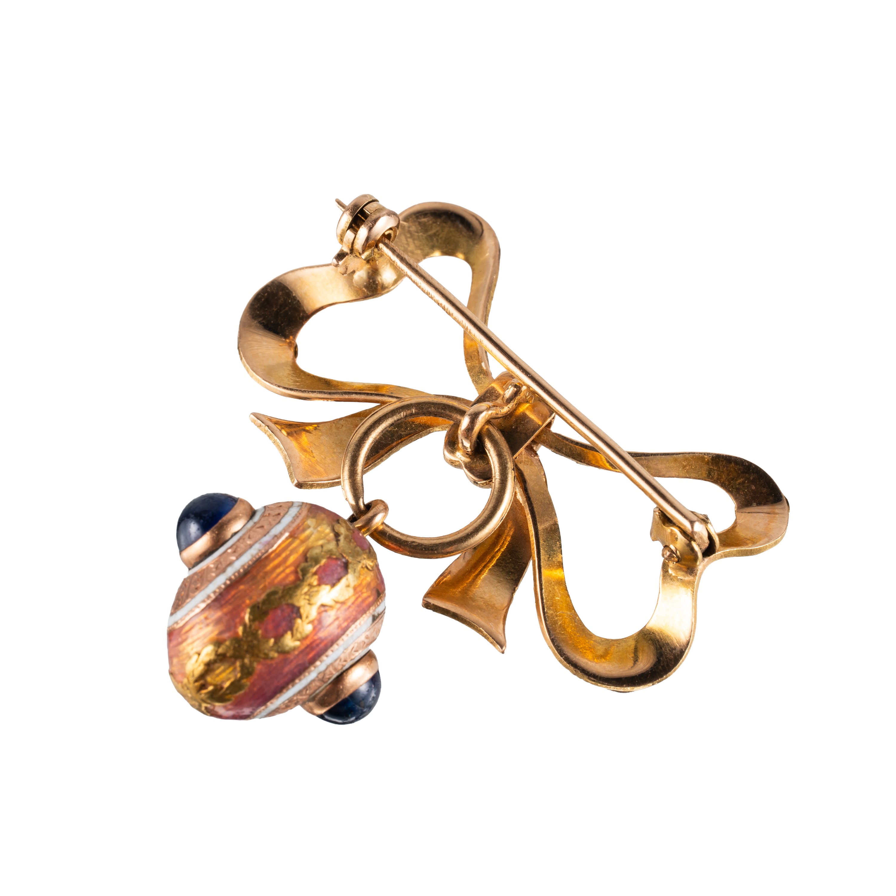 Spilla a fiocco, oro rosa 18 kt con ovetto smaltato e zaffiri cabochon