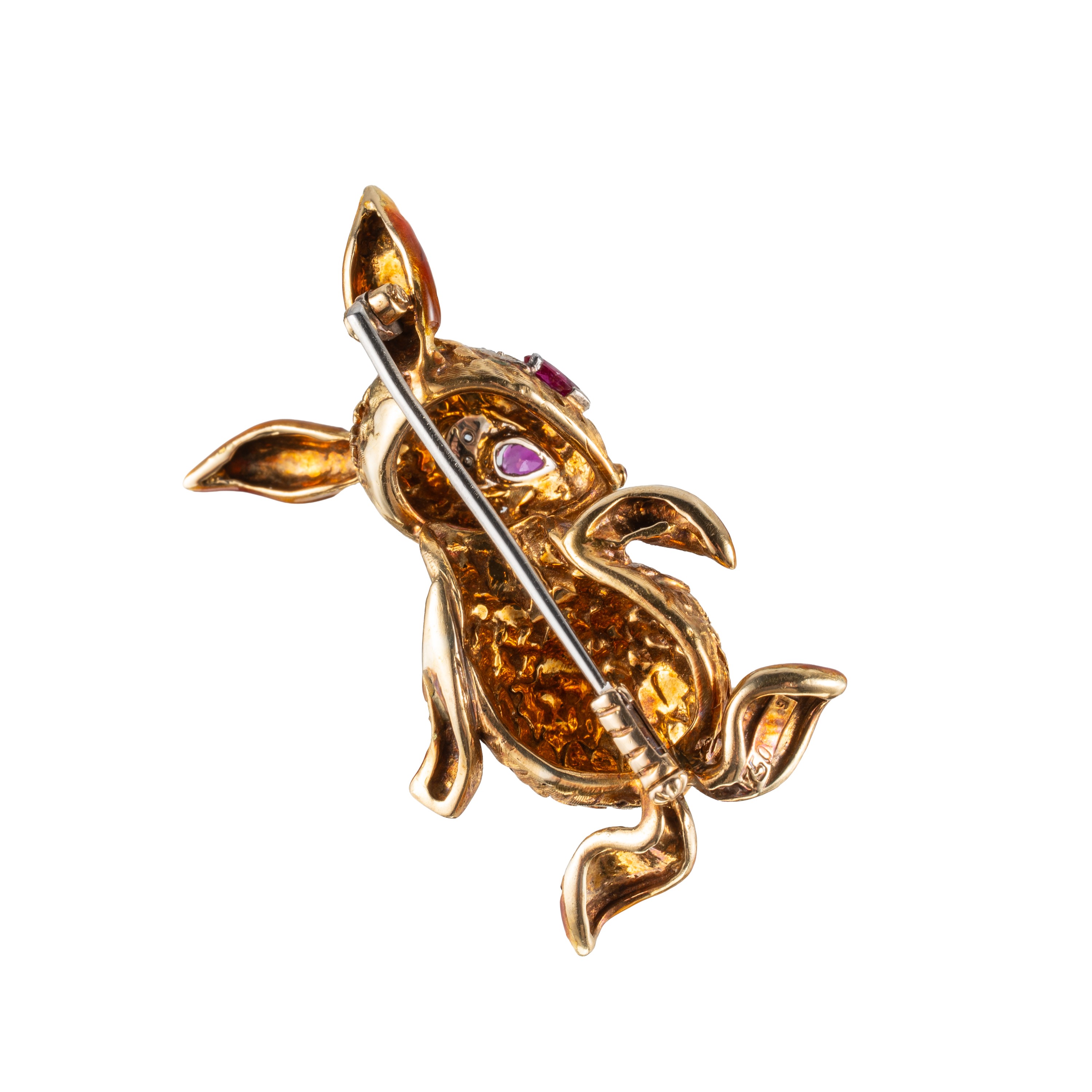 Spilla, oro giallo 18 kt, forma di coniglio con rubini e diamanti