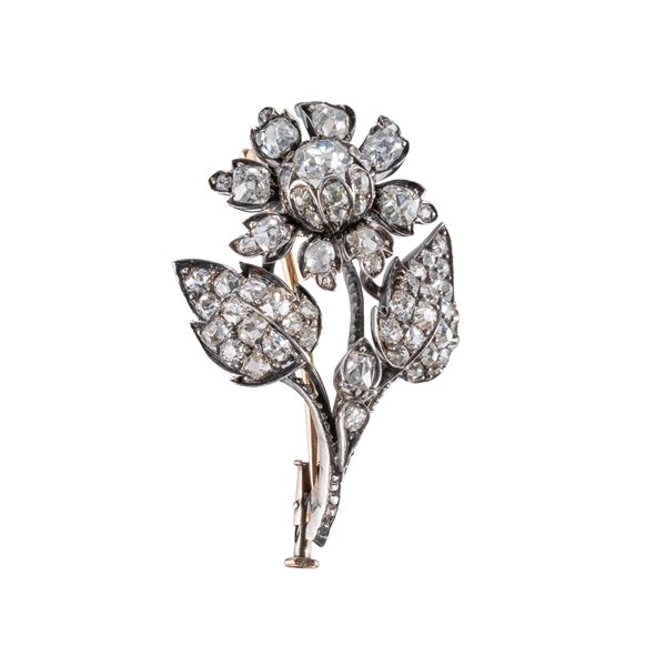 SPILLA A FIORE IN ORO 18 KT E ARGENTO CON DIAMANTI TAGLIO ANTICO