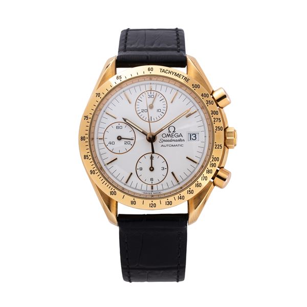 OMEGA - OMEGA - SPEEDMASTER CRONORGAFO A CARICA AUTOMATICA IN ORO GIALLO 18KT CON QUADRANTE BIANCO, CONTATORI VERTICALI E DATARIO AD ORE TRE