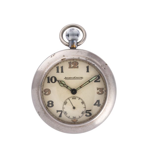 JAEGER LE COULTRE - JAEGER LE COULTRE OROLOGIO DA TASCA A CARICA MANUALE MILITARE IN ACCIAIO CON QUADRANTE BIANCO E ASSEGNAZIONE SUL FONDELLO