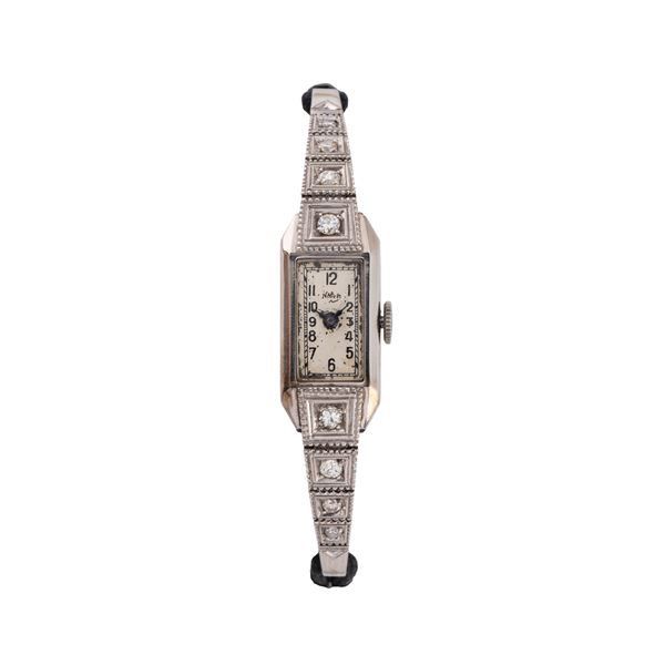 NOBELT OROLOGIO 'ART DECO'' SOLO TEMPO A CARICA MANUALE IN ORO BIANCO 18KT E BRILLANTI CON QUADRANTE BIANCO E CINTURINO IN TESSUTO