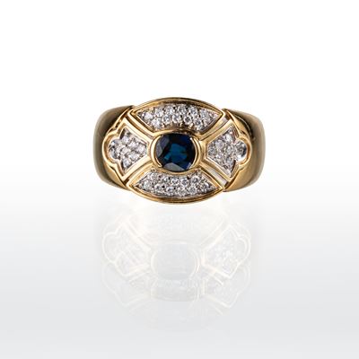 Anello in oro giallo 18 kt con zaffiro blu e diamanti, misura 15/55