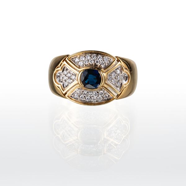 ANELLO IN ORO GIALLO 18 KT CON ZAFFIRO E DIAMANTI