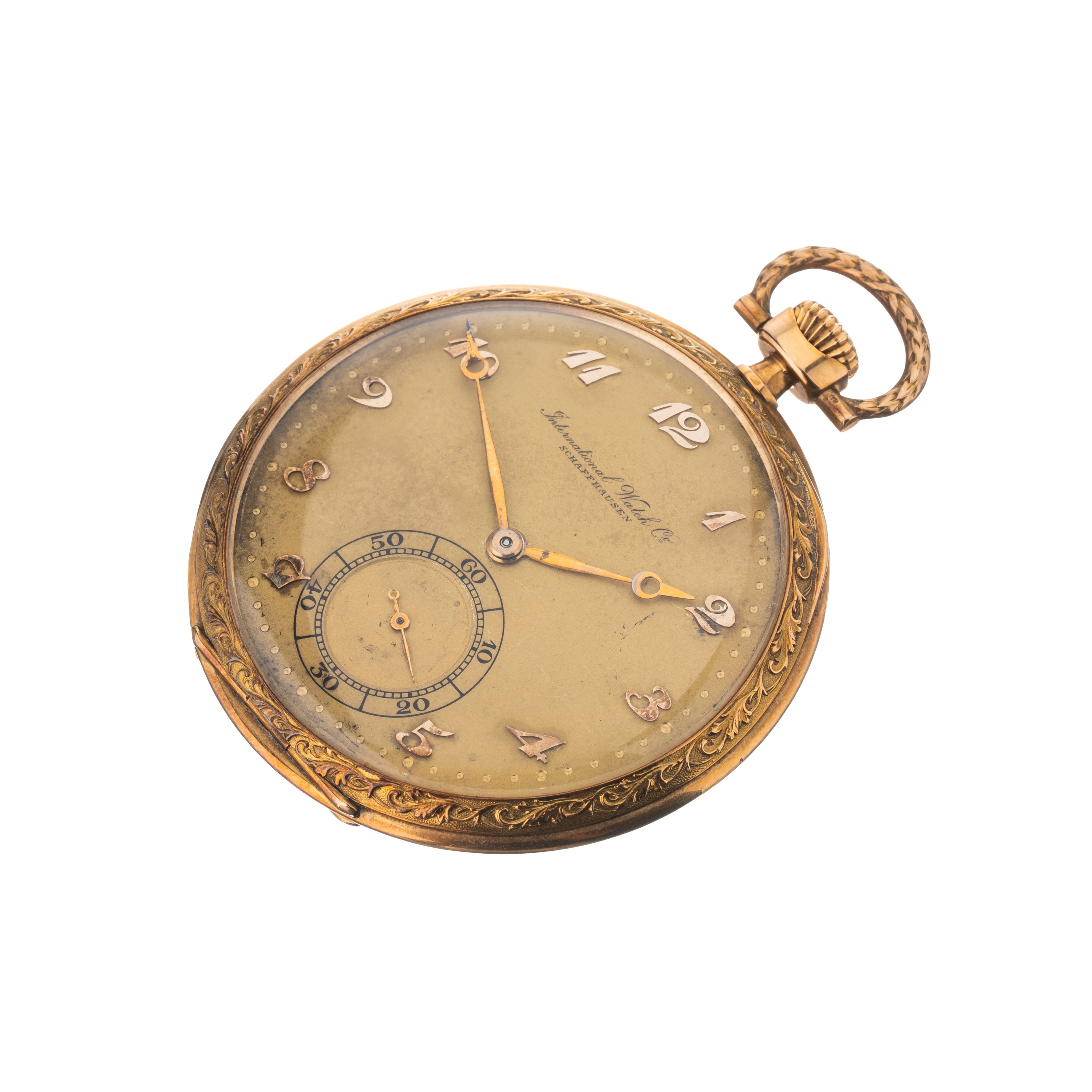 Iwc - Orologio da tasca a carica manuale in oro giallo 18 kt con quadrante champagne e indici Bre...