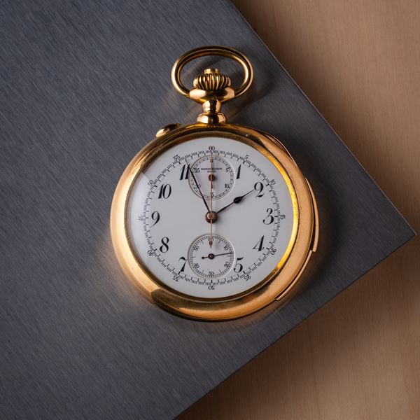 ULYSSE NARDIN - ULYSSE NARDIN CRONOGRAFO RATTRAPPANTE DA TASCA A CARICA MANUALE RIPETIZIONE MINUTI IN ORO GIALLO 18KT CON QUADRANTE IN PORCELLANA E INDICI ARABI NERI