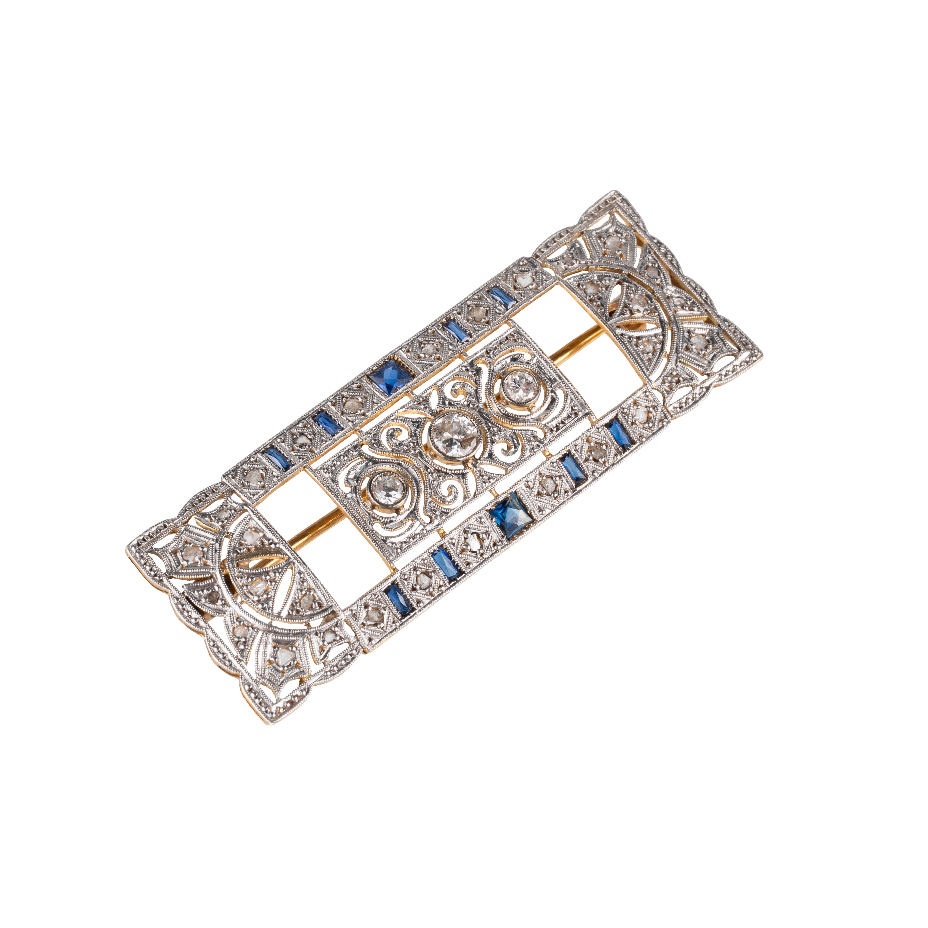 Spilla rettangolare, platino e oro 18 kt, con diamanti e zaffiri