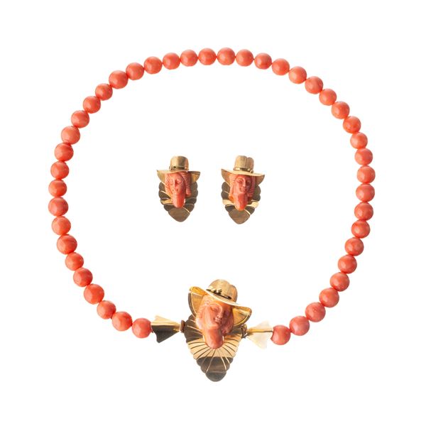 PARURE GIROCOLLO E ORECCHINI IN ORO GIALLO 18 KT CON CORALLO