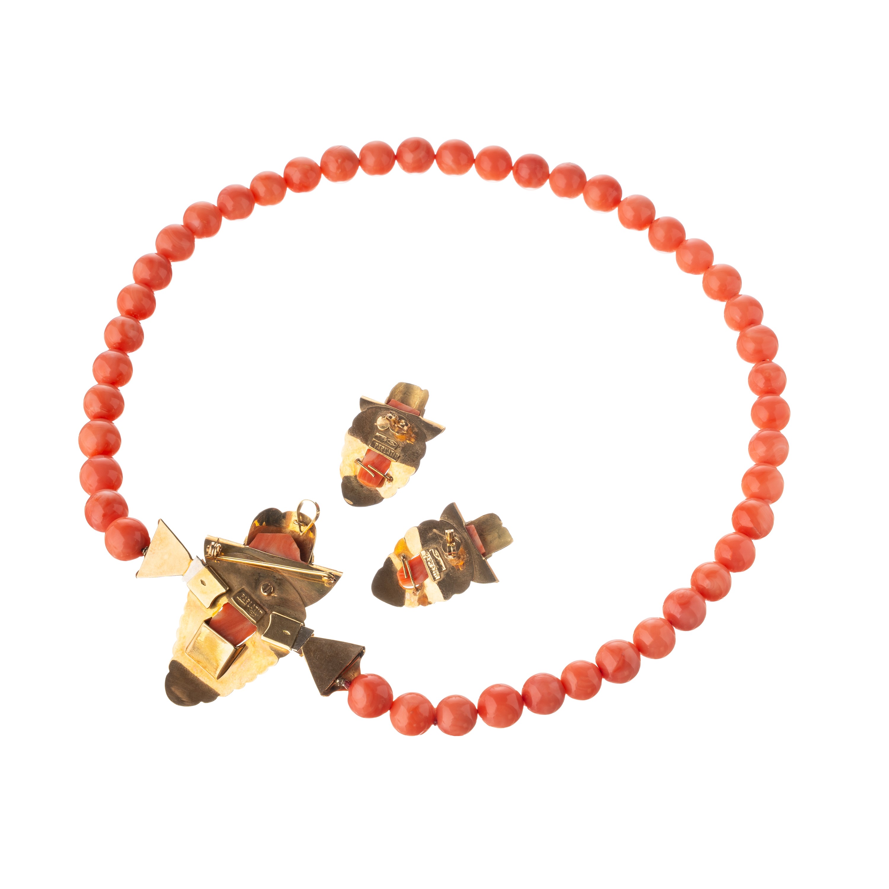 Oro giallo 18 kt, Parure con girocollo e orecchini con sfere di corallo rosa