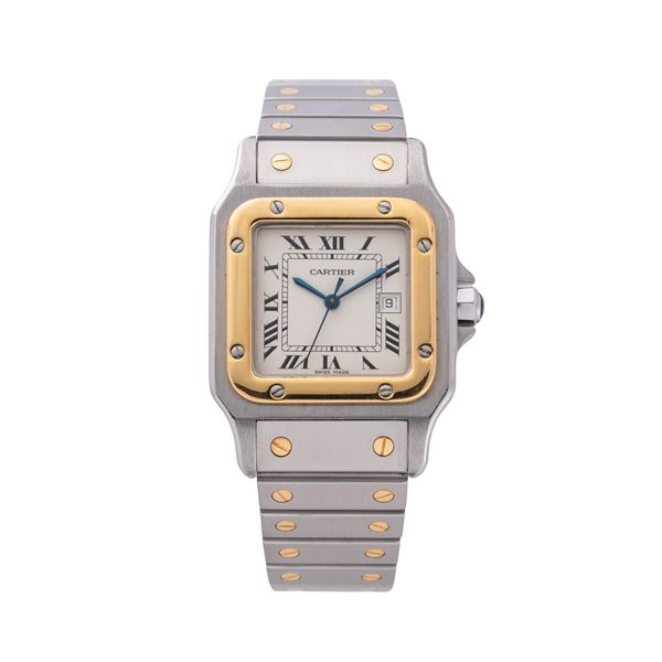 CARTIER - CARTIER - SANTOS CARREE  OROLOGIO A CARICA AUTOMATICA IN ACCIAIO E ORO GIALLO 18KT CON BRACCIALE IN ACCIAIO E ORO GIALLO 18KT CON QUADRANTE BIANCO CON INDICI ROMANI NERI E DATARIO AD ORE TRE
