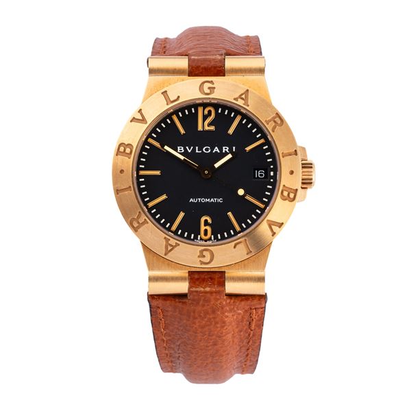 BULGARI - BULGARI - DIAGONO OROLOGIO SOLO TEMPO A CARICA AUTOMATICA IN ORO GIALLO 18KT CON QUADRANTE NERO, DATARIO AD ORE TRE E CINTURINO IN PELLE