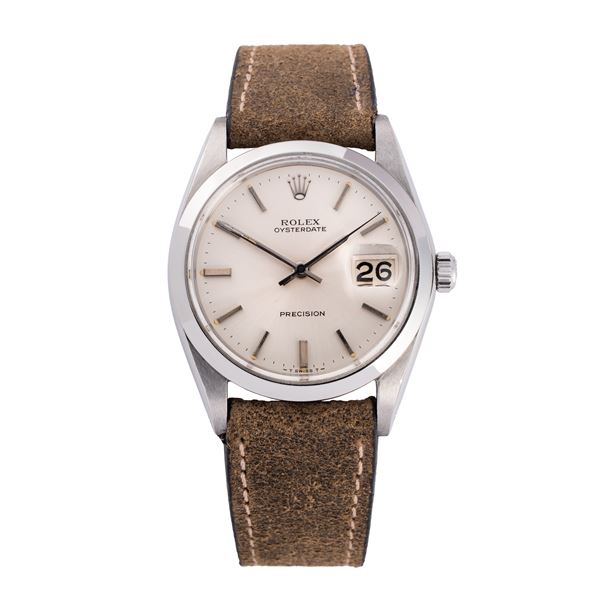 ROLEX - ROLEX - OYSTER PERPETUAL DATE OROLOGIO A CARICA MANUALE IN ACCIAIO CON QUADRANTE ARGENTE', DATARIO AD ORE TRE E CINTURINO IN PELLE