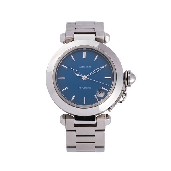 CARTIER - CARITER - PASHA OROLOGIO A CARICA AUTOMATICA IN ACCIAIO CON QUADRANTE BLU E BRACCIALE IN ACCIAIO