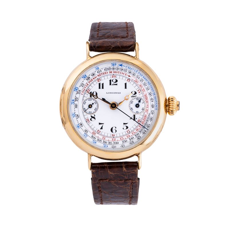 Longines - Cronografo monopulsante a carica manuale in oro giallo 18 kt con quadrante in porcella...