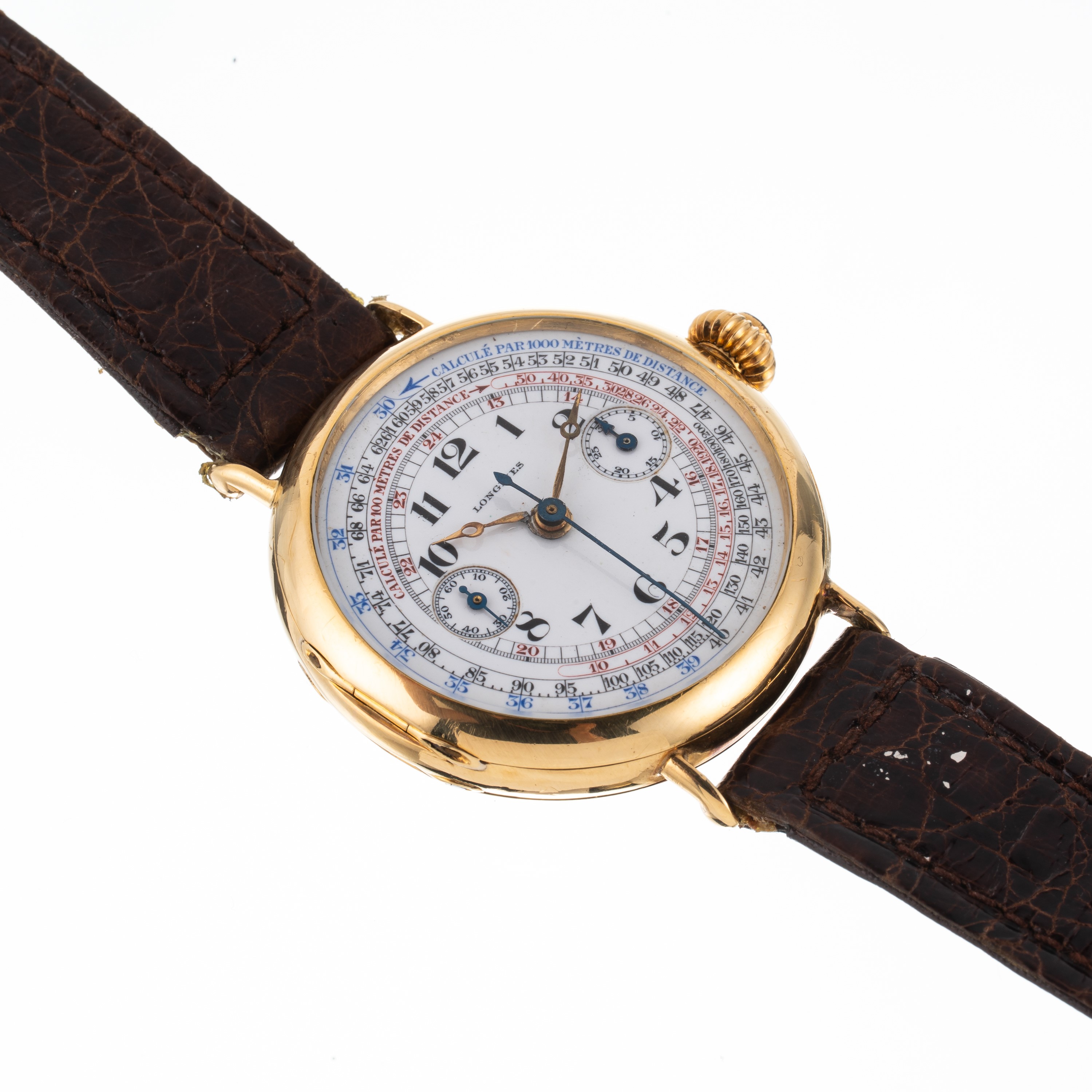 Longines - Cronografo monopulsante a carica manuale in oro giallo 18 kt con quadrante in porcella...