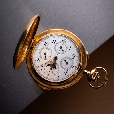 Orologio da tasca, cronografo con calendario completo e fasi lunari, carica manuale, oro giallo 1...