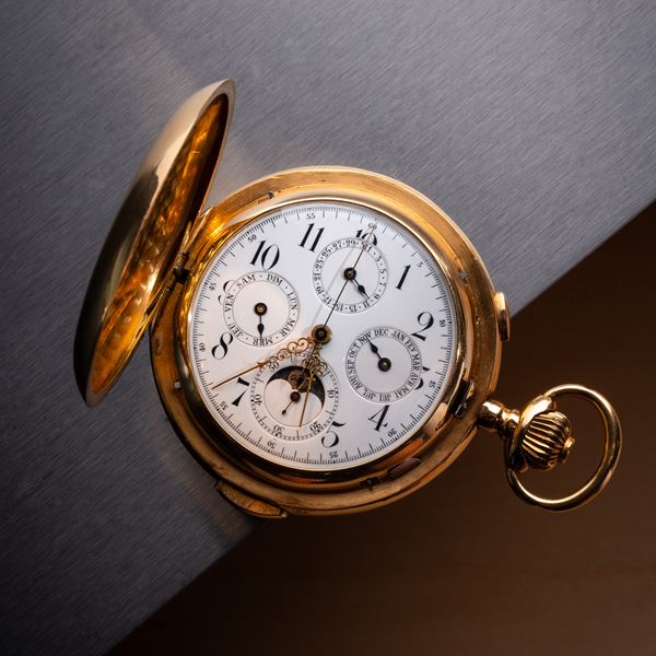 OROLOGIO DA TASCA A CARICA MANUALE IN ORO GIALLO 18KT CON CRONOGRAFO, CALENDARIO COMPLETO, FASI LUNA, RIPETIZIONI MINUTI CON QUADRANTE IN PORCELLANA