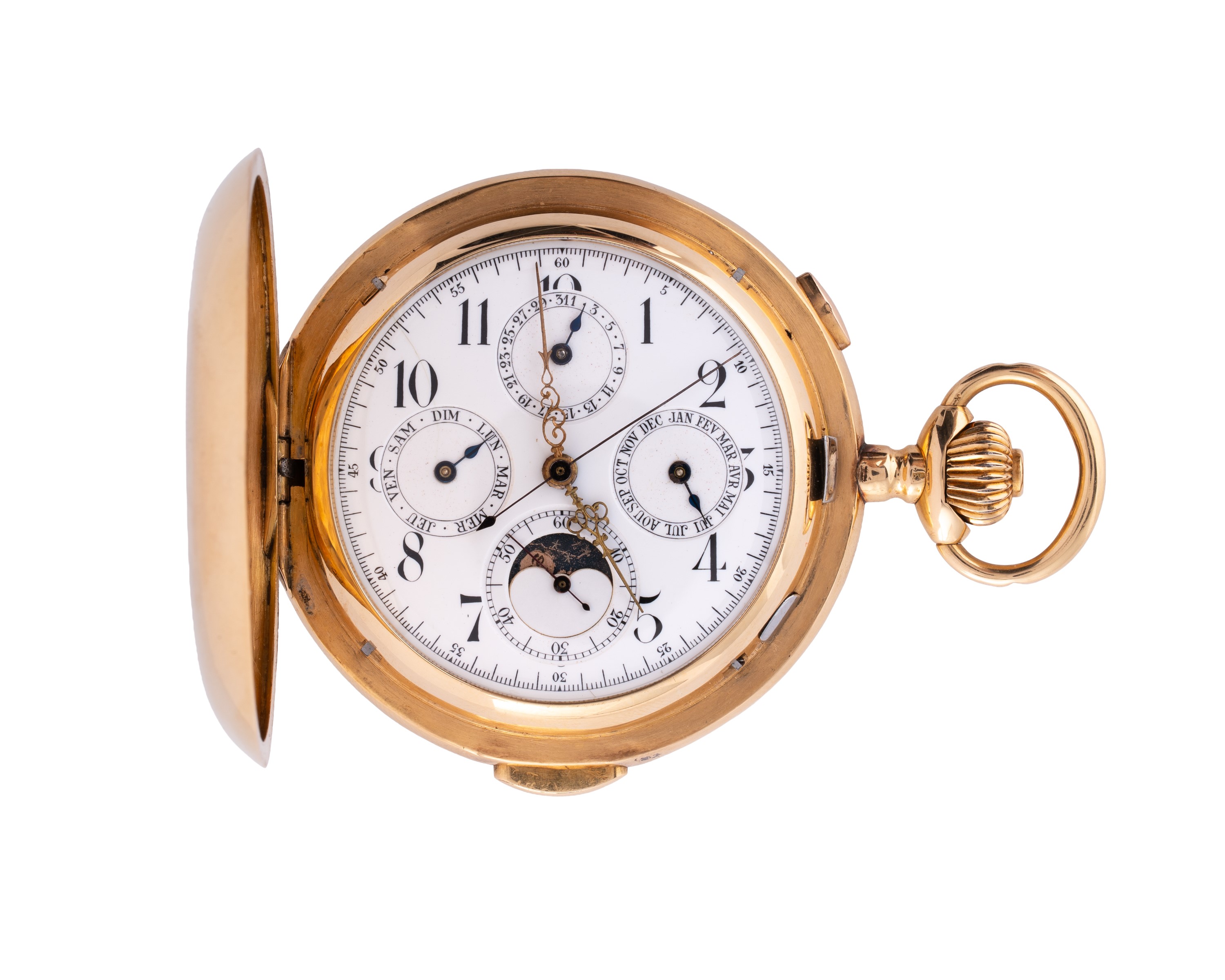 Orologio da tasca, cronografo con calendario completo e fasi lunari, carica manuale, oro giallo 1...