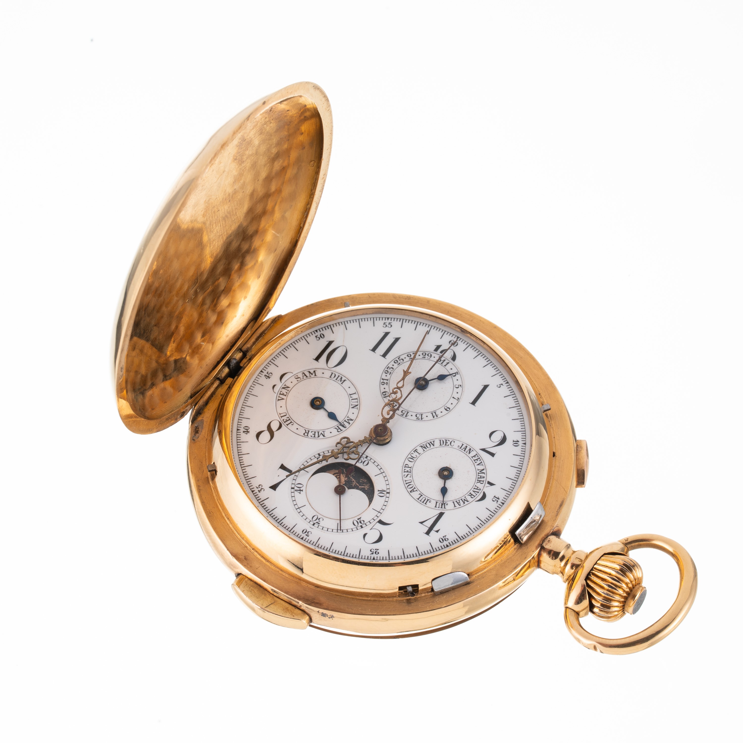 Orologio da tasca, cronografo con calendario completo e fasi lunari, carica manuale, oro giallo 1...