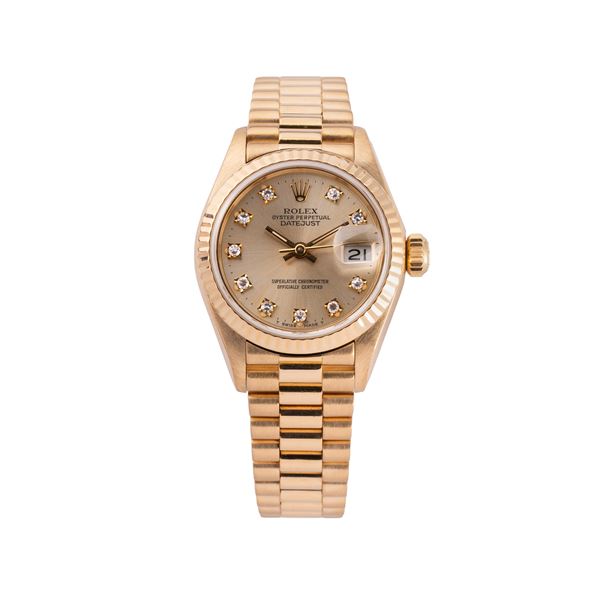 ROLEX - ROLEX - DATEJUST OROLOGIO A CARICA AUTOMATICA IN ORO GIALLO 18KT CON QUADRANTE CHAMPAGNE CON INDICI IN DIAMANTE TAGLIO BRILLANTE E BRACCIALE ROLEX PRESIDENT IN ORO GIALLO 18KT