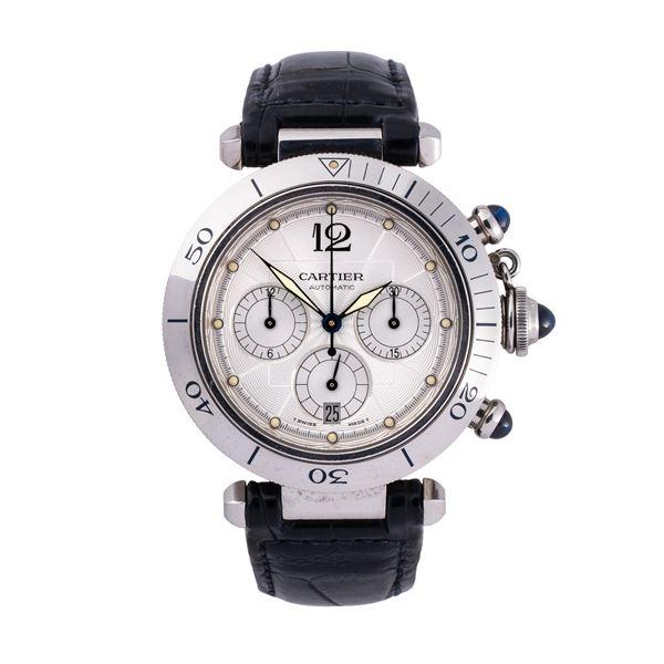 CARTIER - CARTIER - PASHA  CRONOGRAFO A CARICA AUTOMATICA IN ACCIAIO CON QUADRANTE GUILLOCHE', DATARIO AD ORE SEI E FONDELLO A VISTA