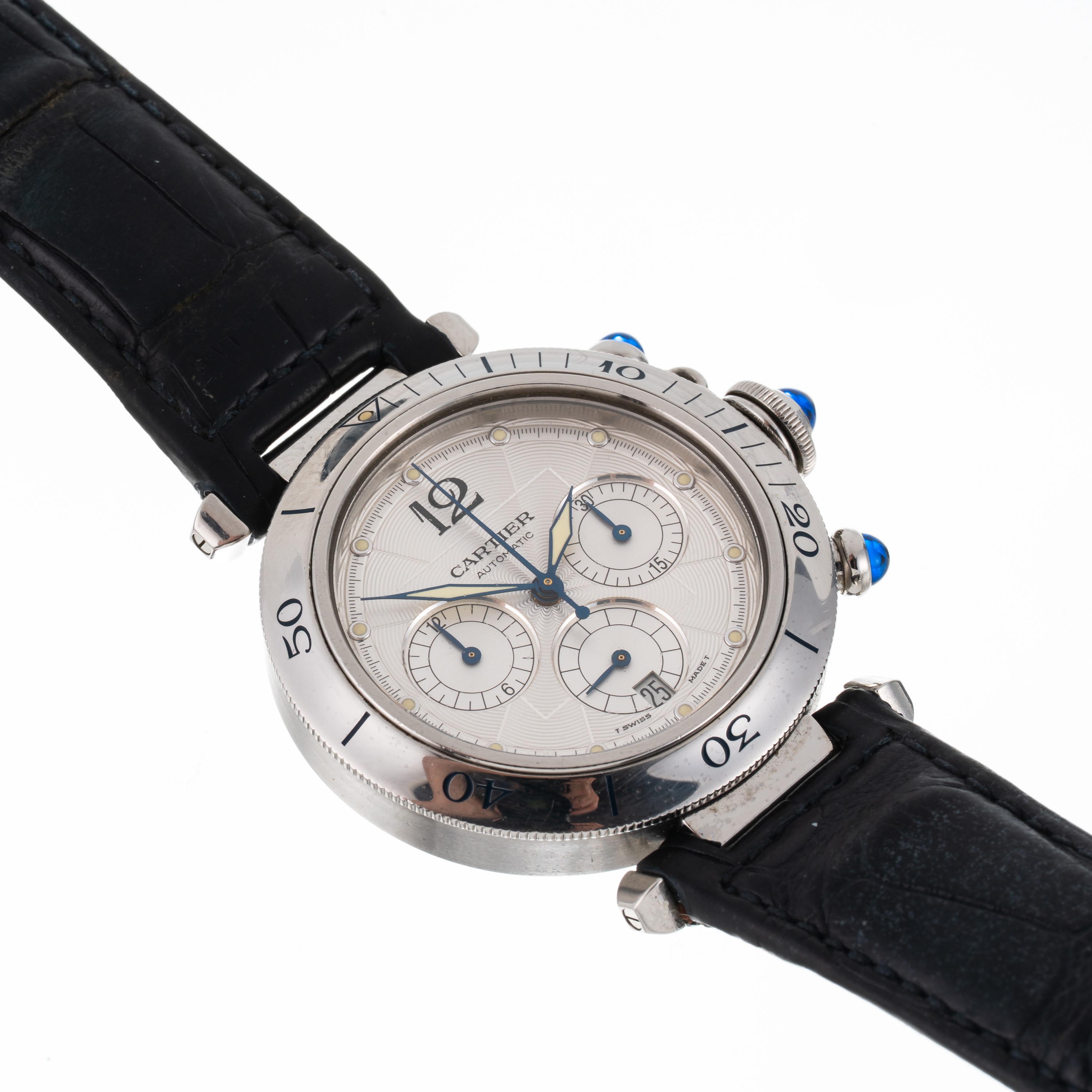 Cartier - Pasha cronografo automatico in acciaio con quadrante guillochè e fondello a vista (1997...