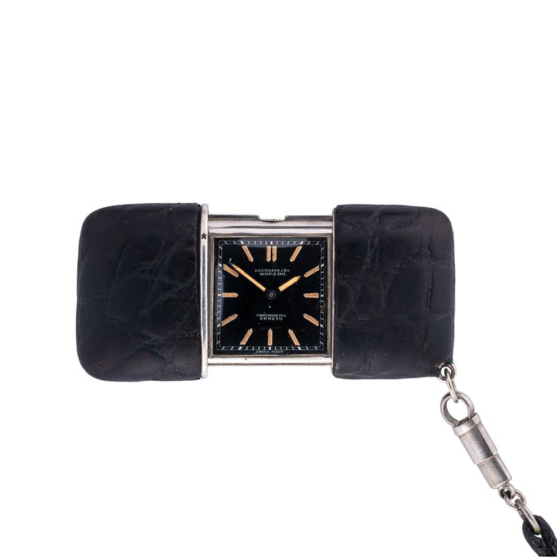 Movado - Hermeto — orologio da viaggio in argento, carica manuale con quadrante nero
