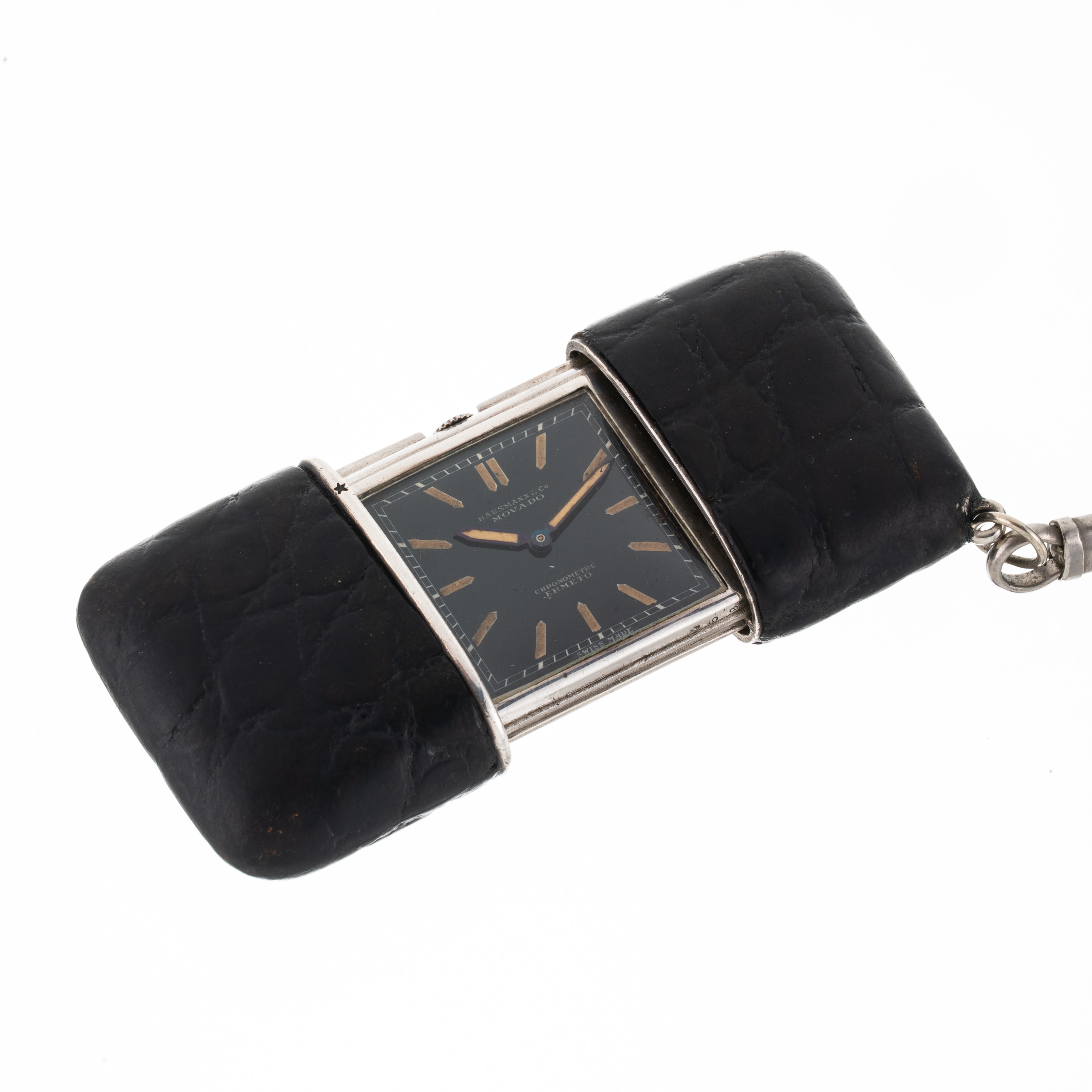 Movado - Hermeto — orologio da viaggio in argento, carica manuale con quadrante nero